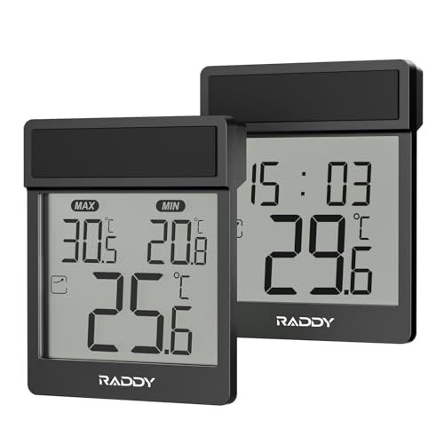 Raddy WT-1 Outdoor Window Thermometer IP44 Waterproof Indoor Outdoor Temperature Gauge with Clear LCD Display Max/Min Record Easy Stick-on Mount Battery Powered for Home Greenhouse (Black)