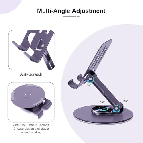 Image of DeskPro K5 360 Rotating Adjustable Metal Mobile Stand | Foldable Metal Phone Holder with Anti-Slip Base | Universal Compatibility for Smartphones (Purple)