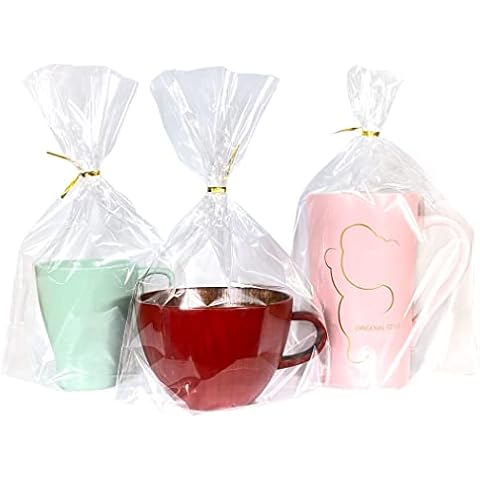 PigPotParty 8"x 11", 50Pcs Bottom Gusset Bags, Clear Cello Cellophane Treat Goodie Bags with 50x Twist Ties, Party Favor Packaging, Gift Mug Wrapping, Food Storage(No Side Gusset) Cover