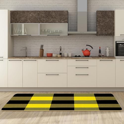 Alfombrillas de cocina VAPOKF con patrón escocés amarillo juego de 2 piezas lavables 3