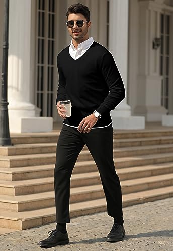 Feziakuk Strickpullover Herren V-Ausschnitt Pullover Herbst Winter Langarm Sweater Basic Winterpullover Warm Arbeitspullove Tops, Schwarz XL