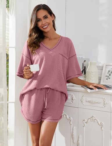 Image of Womens Pajama Sets Waffle Knit 2 Piece Short Lounge Set Cute Sleep Loungewear Pjs Set Short Sleeve Top and Shorts