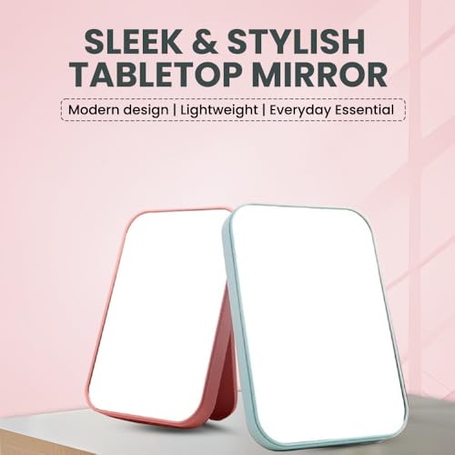 Image of Mirror with Stand | Glass Rectangle Cosmetic Standing Mirror for Makeup, Portable for Travel, Camping, Home (Pink - Pack of 1, Rectangular, Floor Mount, Framed)