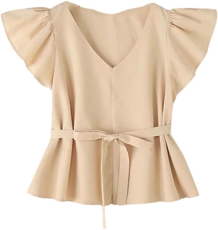 Women's Satin V-Neck Short Sleeve Ruffle Shirt