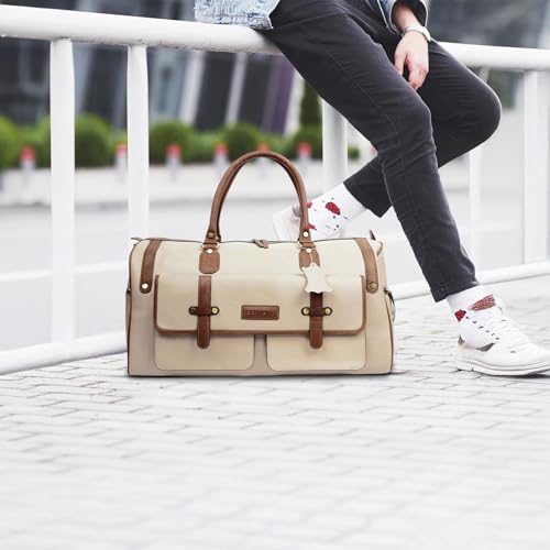Image of Premium Leather Duffle Bag for Men & Women | Genuine Leather Travel, Gym & Office Bag | Stylish Handcarry & Sling Weekend Cabin Luggage Bag | Cream