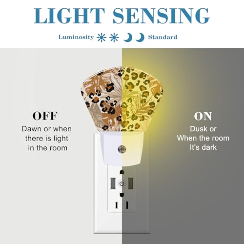 Image of Abstract Leopard Tropical Leaves Night Light Plug into Wall, Camouflage Spots Leaves Night Light with Dusk to Dawn Sensor for Kid Girls Boys Women Men Room, Hallway, Kitchen, Bathroom, Stairs Decor