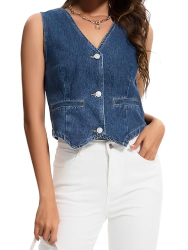 Womens Denim Vest Sleeveless V Neck Button Down Jean Jacket Y2K Summer Crop Tops3