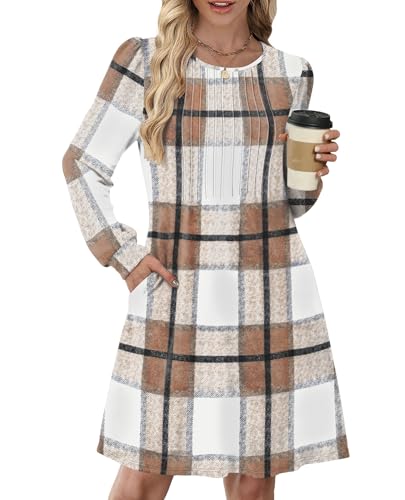 OFEEFAN Long Sleeve Dress for Women Pleated Crew Neck Casual Babydoll Sweater Dress with Pockets Fall Outfits Fashion2