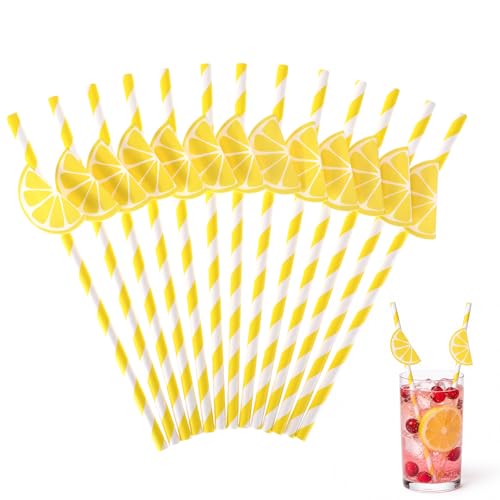 60 pitillos de papel con diseño limón y rayas amarillas miniatura 1