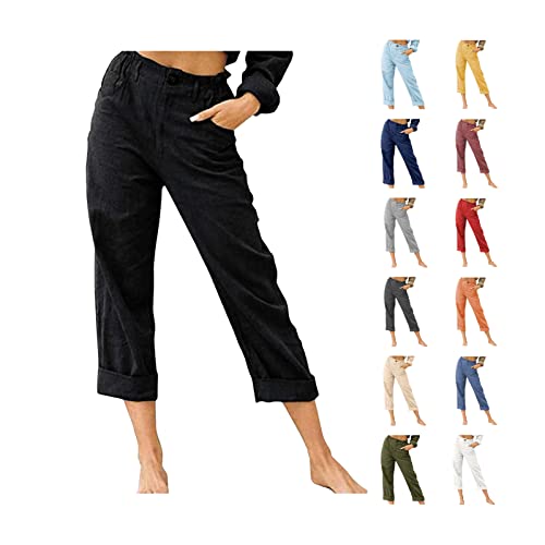 XUNRYAN Capri Pants Women Casual Summer Elastic High Waist Linen Pants Loose Wide Leg Cargo Pants Crop Trouser with Pockets