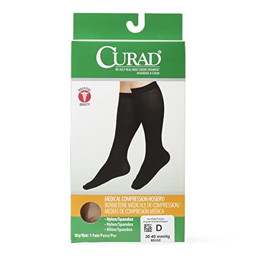 Image of CURAD Knee-High Compression Hosiery, 30-40 mm Hg, Tan, Size D, Regular Length, 1 Pair