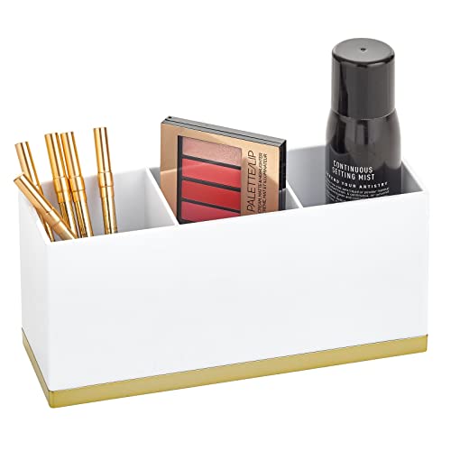 mDesign Plastic Makeup Organizer Caddy with 3 Sections for Bathroom Vanity Countertops or Cabinet: Stores Makeup Brushes, Lip Pencils, Lipstick, Lip Gloss, Concealers - White/Soft Brass