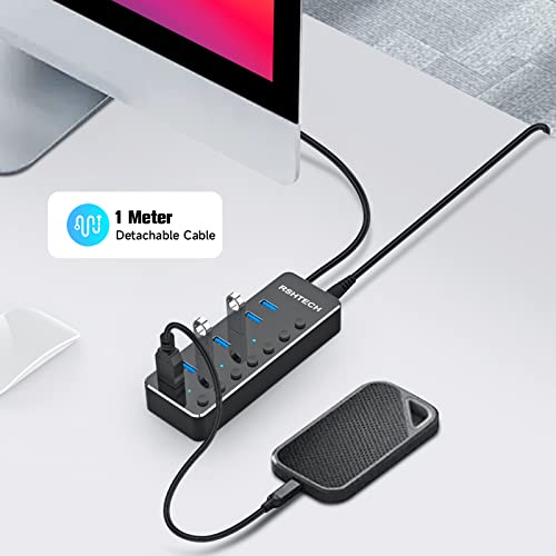 RSHTECH USB Hub 3.0 met 10 W (5V / 2A) Voeding, Aluminium 7-Poorts USB 3.0 Hub, USB 3.0-Poorts Verdeler voor Opladen en Gegevensoverdracht, met LED-Indicator en Individuele Schakelaar (RSH-518-2) - Afbeelding 6