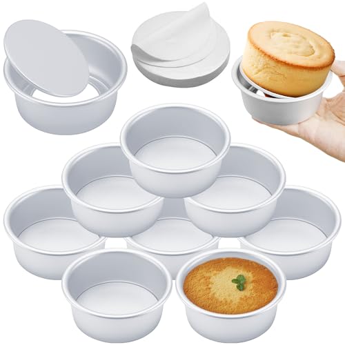 AWTBDP 4 Inch Round Cake Pan Set of 8 Nonstick Aluminum Baking Pans with 100 Sheets Parchment Paper Easy Pop Out Removable Bottom Cake Pans for Mini Cheesecakes Dessert Pizzas and Quiches