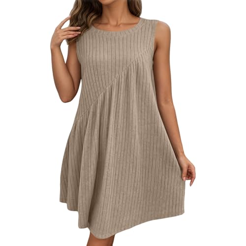 Foweknow Vestido de verano para mujer, sin mangas, acanalado, largo hasta la rodilla, vestido de verano, ligero y aireado, elegante, patchwork, línea A, vestido casual, verano, cuello redondo, vestido