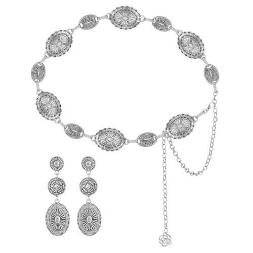 Western Concho Belt and Cowgirl Earrings Set, Silver Exquisite Vintage Oval Elements Waist Chain Dangle Earrings Boho Jewelry Gift for Women Country Concert Outfit