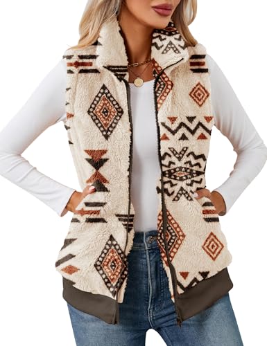 LOMON Womens Vest Fall Winter Fashion 2025 Fuzzy Fleece Sherpa Jacket Warm Zip Up Cardigan Outwear with Pockets Apricot Geometric M