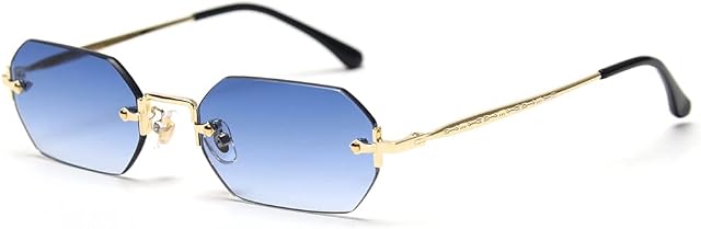 Men Rectangle Sunglasses Rimless Octagonal Small Glasses Women Metal Blue Brown
