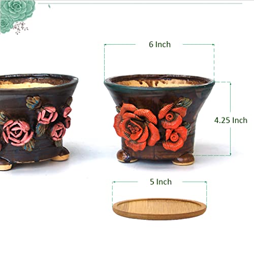 Summer Impressions 5.5 Inch Succulent Pot Handmade Flower Design Round Ceramic Antique Plant Pot Cactus Pot Planter With Drainge And Saucer Set Of 2 (Small Flowers And Orange Rose) #TOP5