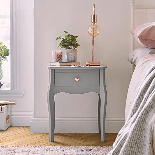BTFY Grey Bedside Table  Baroque Nightstand  1 Drawer Bedside Cabinet - Vintage Style Bedside Storage Drawer w/Rose Gold Handle & Curved Legs  Compact Side Table for Bedroom, Living Room & Lounge