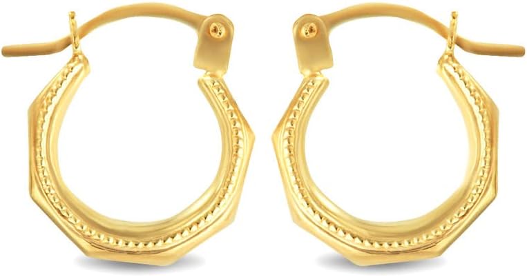 Claddagh Gold - Solid 14K Yellow Gold Beaded Octagon Geometric Hoop Earrings (0.50") for Women