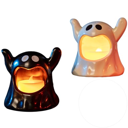 2 Pcs Halloween Ghost Tea Light Holders, Black and White, Battery Operated