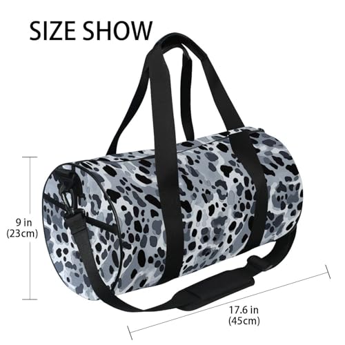 Black Leopard Print Sports Duffel Bag Large Capacity Barrel Gym Bag with Full Print Polyester Fabric, Multiple Pockets and Detachable Strap for Sports Gym and Weekend Getaways4