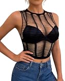 Leypafy Fishnet Crop Top Damen Netzoberteil Mesh Oberteil Sexy Lingerie Beach Cover Up T-Shirt Kleid Festival(ST-Black)