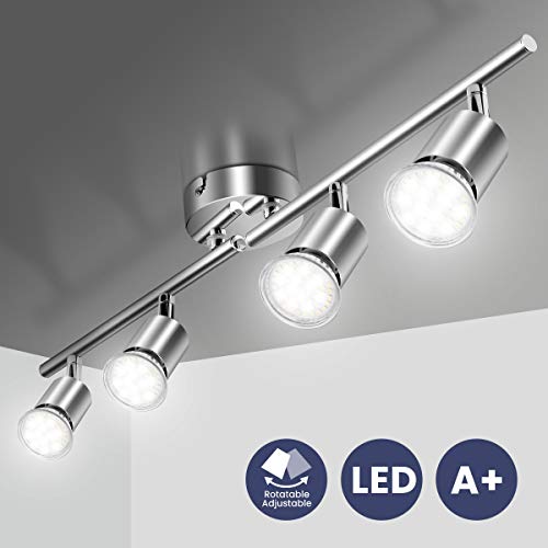 Elfeland Lámpara de Techo Foco, Plafón con 4 Focos GU10 Base de Lámpara Ángulo Ajustable y Giratorio para Interior 110V-230V Foco de Techo LED Orientable para Dormitorio Cocina Baño(Sin bombilla