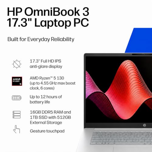 Image of HP OmniBook 3 Laptop, 17.3 inch FHD Touchscreen, 16GB RAM, 1.5TB Storage