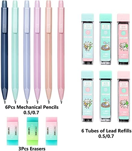 6 Pcs Pastel Mechanical Pencil Set, LONTOM 0.5 & 0.7 mm Colored Propelling Pencil for School with 6 Tubes HB Lead Refills, 3 Pcs Erasers for Student Kids Girls Boys Writing, Drawing, Sketching
