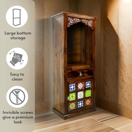 Image of Solid Sheesham Wood Temple for Home & Office /Mandir /God Stand /Pooja Stand /Home Mandap /Mandapam with Cabinet Doors & Multiple Storage /Shelf with Drawers (Honey TMT, 23x15x57 inch)