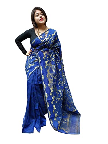 Sari indien Dhaka en coton Jamdani haut de gamme bleu marine brodé main 998c