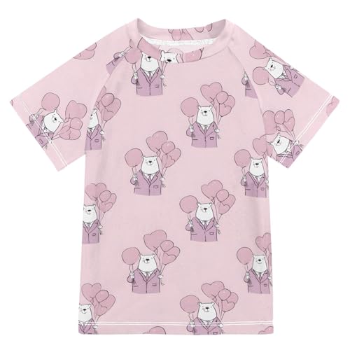 ALAZA Kids Rash Guard Girls Toddler Swim Shirts Short Sleeve Bear Balloon Cute UPF 50+ 3T