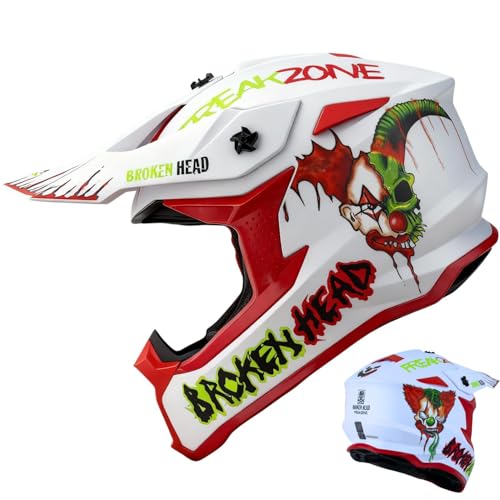 Broken Head FreakZone Motocross-Helm Weiß-Grün-Rot matt – Cross-Helm – MX – Quad – Supermoto (L 59-60 cm)