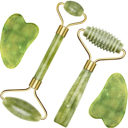 2 Pieces Jade Roller Facial Ridged Roller Kits Skin Roller with 2 Pieces Gua Sha Scraping Massage Tools Anti Aging and Wrinkles for Face, Eye, Neck, Body Massage (Green)