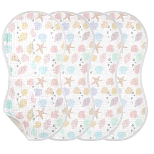 Seashells Baby Burp Cloths for Boys and Girls, Soft Muslin Spit Up Towels, 22"x11" Newborn Essentials for Feeding and Drooling, 4 Pack3
