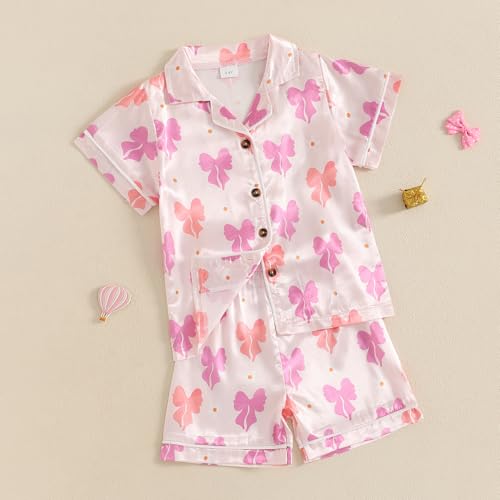 Kuriozud Toddler Kids Little Girls Halloween Satin Pajamas Satin Silky Pjs Set Short Sleeve Button Down Nightwear Sleepwear3