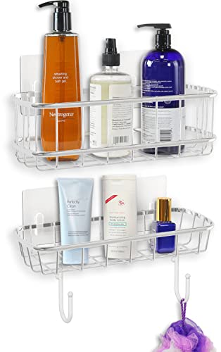 Simple Houseware 2-Tier Wall Mounted Adhesive Shower Caddy Shelf Organizer W/Hooks, Chrome #TOP6