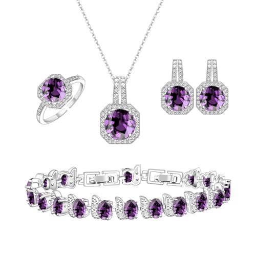 GZWHD Jewelry Set for Women CZ Earrings Necklace Ring Bracelet Set Prom Party Wedding Jewelry Gift for Mother Friend Wife, Medium, Brass, Created Amethyst