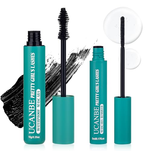 UCANBE Black Mascara and Remover Set, Waterproof Fiber Oil Mascara with Lash Remover Gel for Sensitive Eyes, Volume & Length, No Flaking, No Smudging, No Clumping, Gentle Removal, Vitamin E