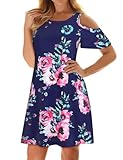Misyula Style Cute Dresses for Women, Juniors Bohemian Dress Vacation Aesthetic Flexible Relaxed Vintage Zulily Round Neck Cold Shoulder Above Knee Flattering Outfits Blue Flower L
