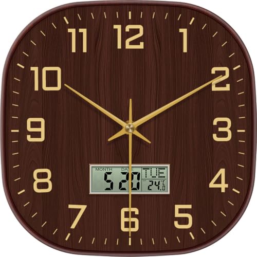 Image of STAR WORK 12 inch Inch Square Silent Non-Ticking Quartz Movement Wall Clock with Analog & Digital Display | Easy-to-Read Numbers | Modern Design for Living Room, Bedroom or Office (Walnut - Gold Digital)