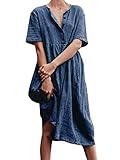  Minetom Femme Lin Été Élégant Midi Robes Couleur Uni Tunique Vintage Casual Col V Bouton Manche Courte Chemise Robe Bleu FR 36