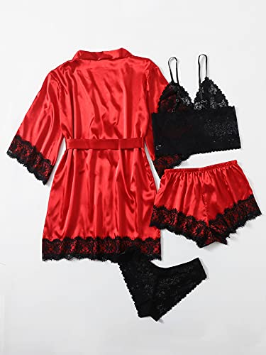 Wdirara Women' Silk Satin Pajamas Set 4Pcs Lingerie Floral Lace Cami Sleepwear With Robe Red Black L #TOP1