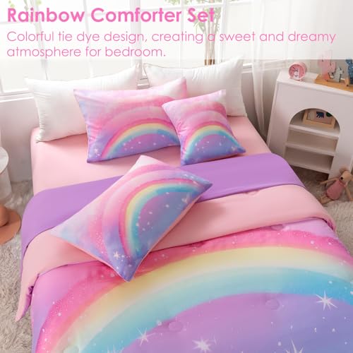 Image of Glitter Rainbow Queen Size Girls Bedding 6 Pieces Colorful Galaxy Comforter Set with Sheets Pink Purple Gradient Bed in A Bag for Kids Teen Girl (Glitter Rainbow, Queen)