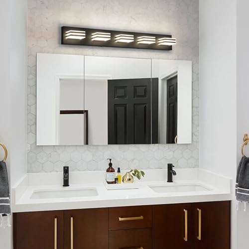 Image of LED Wall Black Vanity Lights for Bathroom Light Fixtures 30W Adjust 3 Colors Modern Bath Lighing Over Mirror Acrylic Heads LED Vanity Light (5-Light,34inch)