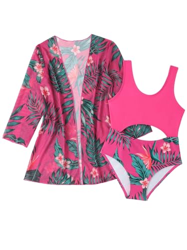 WDIRARA Girl's 2 Piece Swimsuit Tropical Floral Print Cut Out One Piece Swimsuit Beach Bathing Suit with Kimono Cover Up