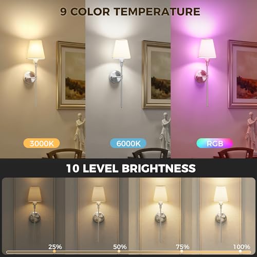 Image of DORESshop Battery Operated Wall Sconce Set of 2, Wireless Wall Light Easy to Install, 7 Color Rechargeable Wall Sconces, Sconce Wall Decor Set of 2 for Bedroom, Living Room, Nickel, 24.6in