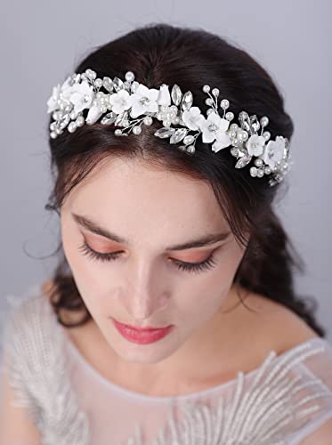 JWICOS Flower Bridal Headband Silver Tiara for Bride Headpieces for Wedding Hair Accessories for Brides Prom Photography
